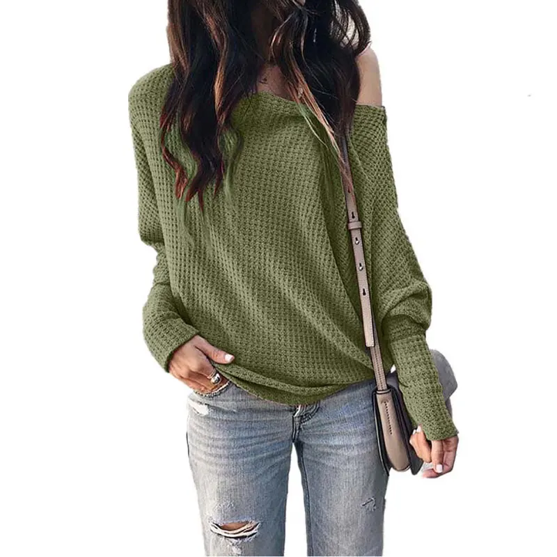 Осенний свитер с открытым плечом Женский вязаный свитер зимний свитер на одно плечо женский свитер пуловер женский - Цвет: Армейский зеленый