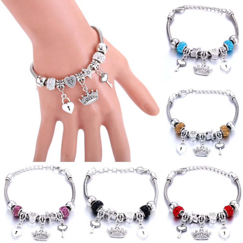 Antique Original Crown key lock Shape 6 colors Charm Bracelets For Women Glass Beads Brand Bracelet & Bangle DIY Jewelry Gifts