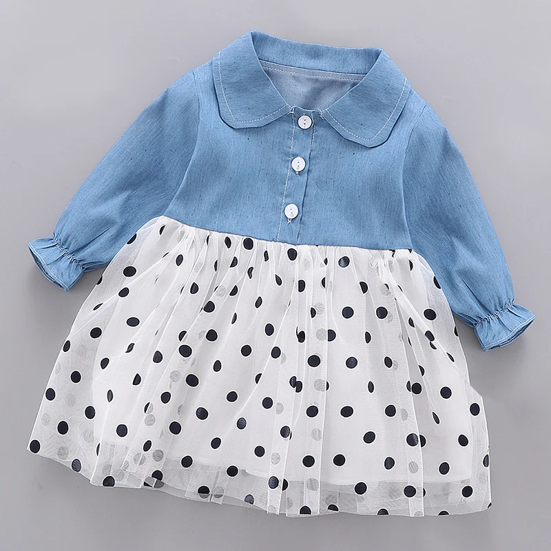 

2019 Baby Girl Dress Autumnbaby Girl Long Sleeve Dress Dot Dot Mesh Denim Stitching Baby Princess Dress