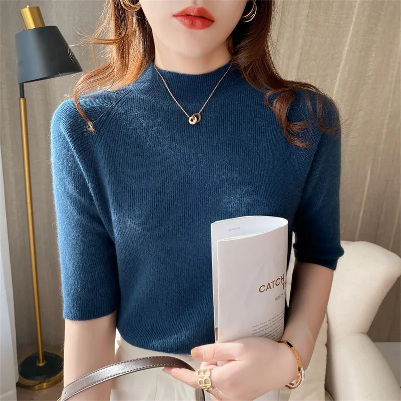 Suéter de cuello alto de Cachemira para mujer, Jersey de punto de manga corta, Base de lana, de Cachemira