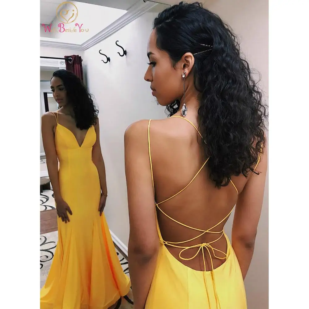 

Walk Beside You Yellow Mermaid Prom Dresses 2020 Spaghetti Straps Cross Back V-neck Long Sweep Train Sleeveless Evening Gowns