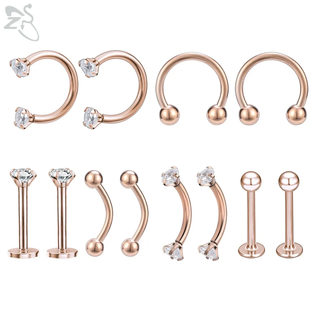 Rose gold ZS 12 шт./лот 316L Нержавеющая сталь Нос Кольца с украшением в виде кристаллов Лабрет, украшение для пирсинга брови пирсинг, Септум кликеры тоннелей, бижутерия для пирсинга - Окраска металла: Rose gold