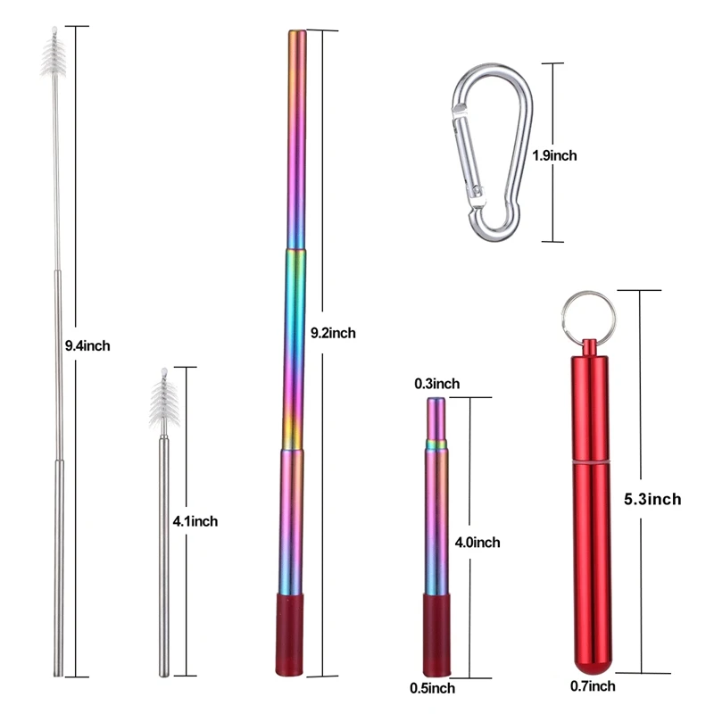Складные Многоразовые трубочки, портативная металлическая соломинка из нержавеющей стали, дорожная телескопическая соломинка для питья, чехол с кистью и брелоком - Цвет: Style E