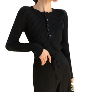 

Autumn Fashion New Creative Slim Fit Solid Color Button Round Neck Long-sleeved Women Knit Sweater Women!.w