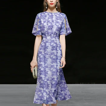 

Seifrmann Summer Women Fashion Runway Midi Dress Short Sleeve Floral Print Female Slim Party Chiffon Mermaid Dresses vestidos