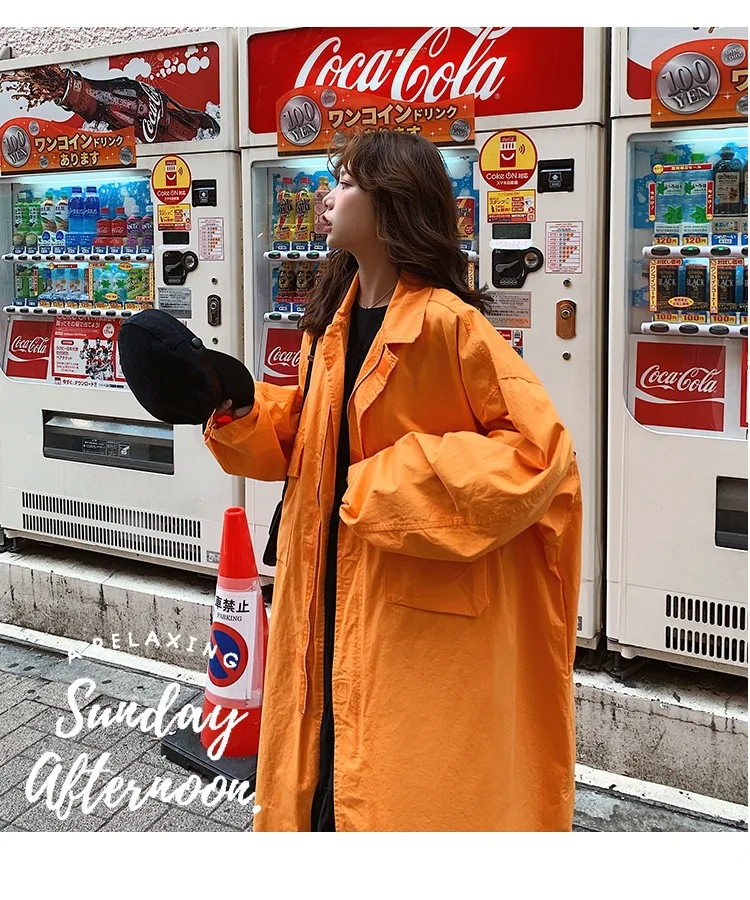 Одежда для фотосессии в стиле «Harajuku» с оранжевым отложным воротником и большим карманом, пальто-Тренч выше колена