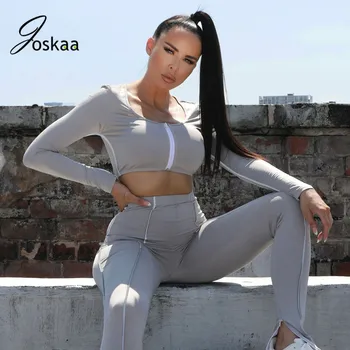 

Joskaa fall new Pure Color Reflective striped Casual Trousers split Sexy Vest Suit tracksuit outfits women's two piece set