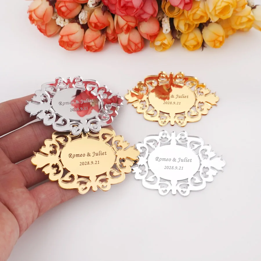 20pcs 7.5x4cm Mirror Wedding Tags Oval Acrylic Custom Personalized Babyshow Party Decor Favors Invitation Card Guest Gifts