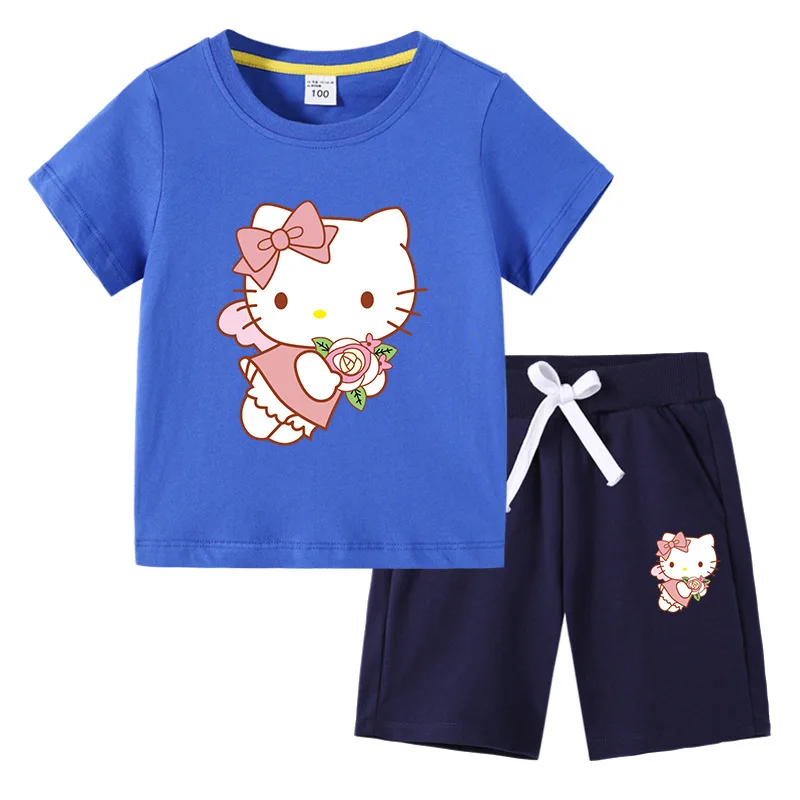 thumbnail image 1 of Conjunto de camiseta de manga corta para niños de Hello Kitty, ropa de algodón para bebés, pantalones cortos de media manga para niños y niñas, traje de dos piezas, 1 of 5