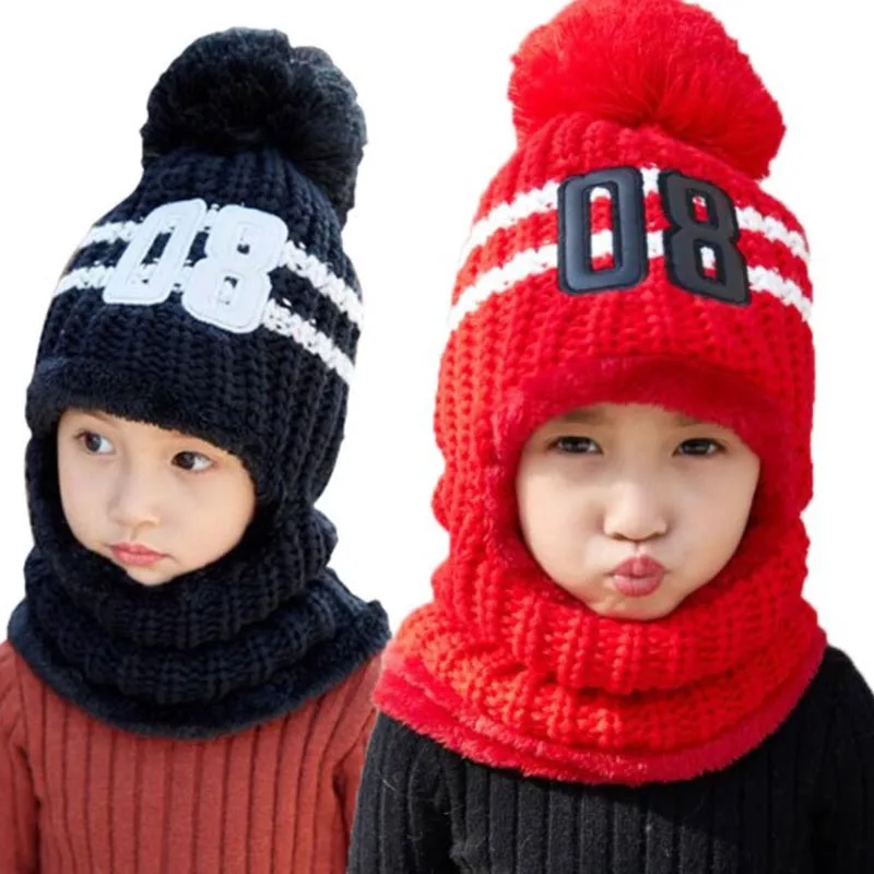 

Fashion Children Hats Knitted Warm PomPom Fur Cap Protects Ear Bonnet Kids Winter Caps Scarf Set Outdoor Ski Caps Drop Shipping