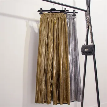

Metal textura de cintura alta plisado pantalones de pierna ancha primavera y verano nuevos pantalones casuales plisados brillan
