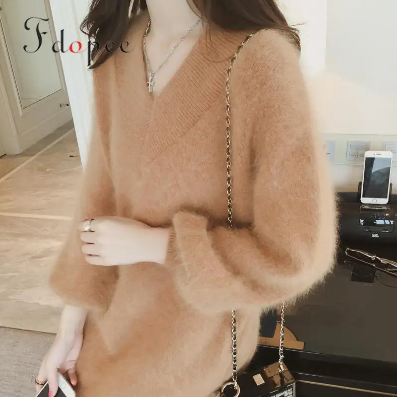 

2019 Winter Sweater Women Leisure Lantern Sleeve Solid Color Loose Plus Size V-neck Soft Knitted Thick Mohair Oversized Sweater