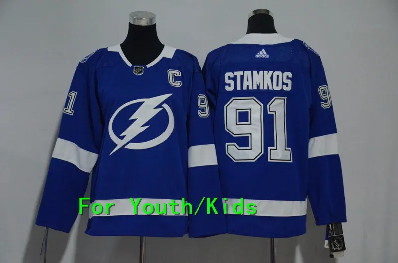 Молодежная вышивка прошитая Tampa Bay#91 Steve Stamkos 77 Victor Hedman 86 Nikita Kucherov Kids Jersey