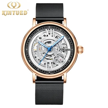 

KINYUED Retro Fashion Design Skeleton Sport Mechanical Watch Luminous Transparent Mesh Bracelet Mens Watches Top Brand Luxury