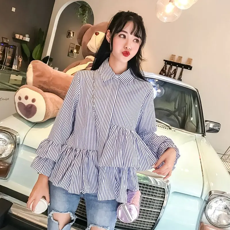  2019 New Autumn Preppy Style Women Shirts Full Sleeve Striped Web Celebrity Students Wind Blouse Sh