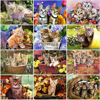 

HUACAN 5D DIY Diamond Painting Cat Flowers Diamond Embroidery Animal Full Drill Mosaic Handmade Home Decor Gift