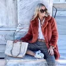 Для женщин s Дамы теплое пальто женский пиджак с лацканами Зимнее длинное пальто с плюшевой подкладкой, женская верхняя одежда, свободные топы Для женщин меховые пальто manteau femme