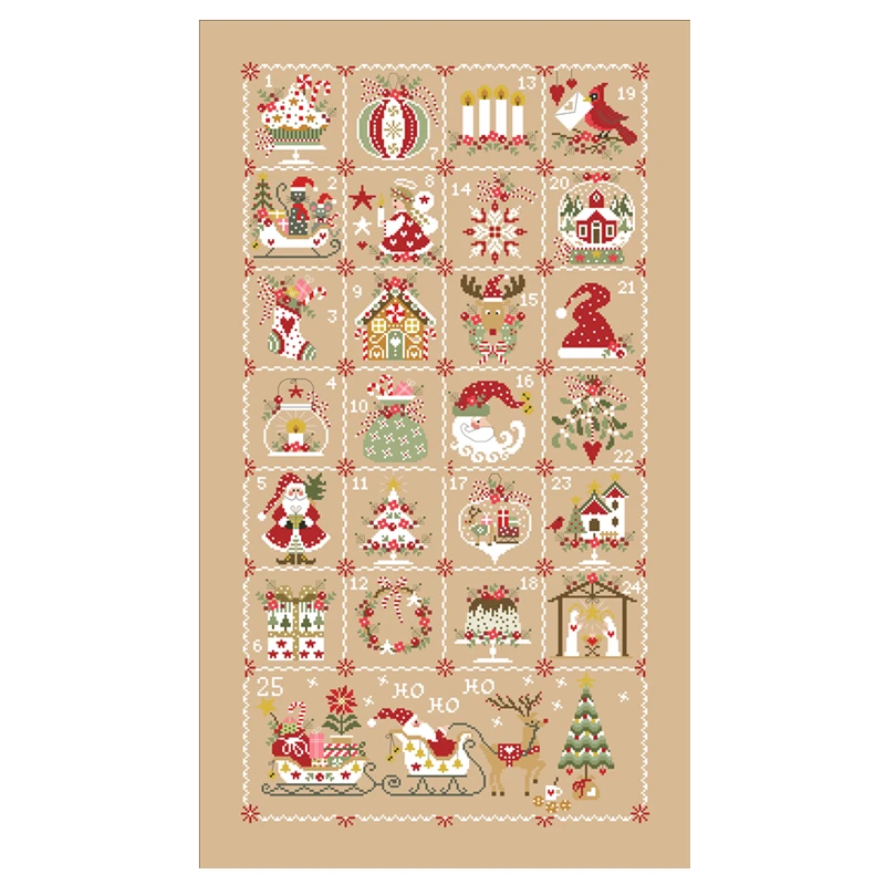 Christmas calendar cross stitch kit cartoon pattern design 18ct 14ct 11ct linen flaxen canvas embroidery DIY