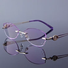 Элегантные очки для чтения женские очки без оправы со стразами фиолетовые линзы пресбиопические очки для чтения Анти-усталость очки Мода mujer