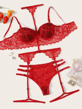 

3 Pcs Women Sexy Lace Bra with Under wire Hot Brazelle Belt and Biefs Set Underwear Free Shipping