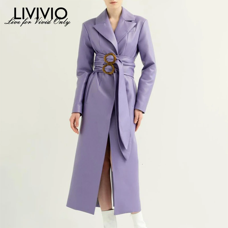 Женское пальто из искусственной кожи [LIVIVIO] элегантное осеннее с отложным