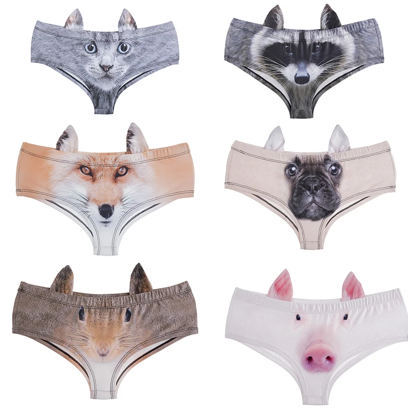 

Women 3D Animal Print Cute Underwear Briefs with Pig Ears Cat Ear Fox Ear Pig Wolf Printing Cute Panties Briefs Thong for Women