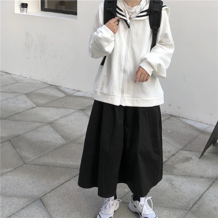 Японский Harajuku для женщин уличная верхняя одежда матросский воротник негабаритных куртка на молнии пальто белый темно-синий милый Kawaii девушки пальто