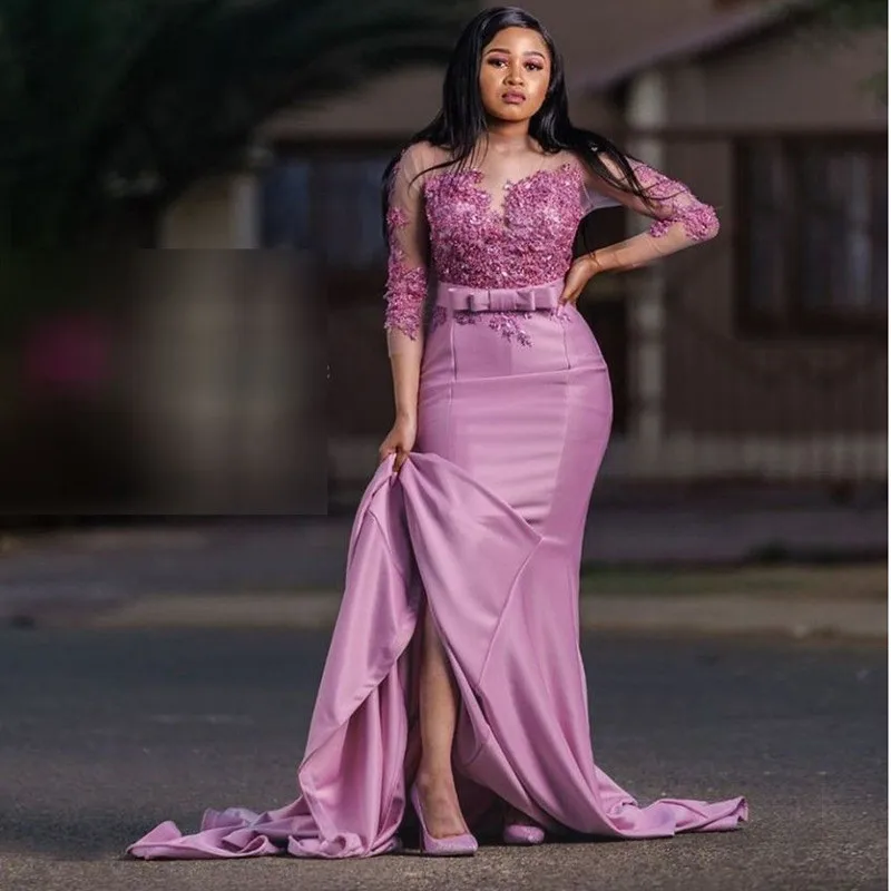 Light Lavender Mermaid Long Sleeves Evening Dress Sheer Lace Sweep Train Women Wedding Guest Party Gown