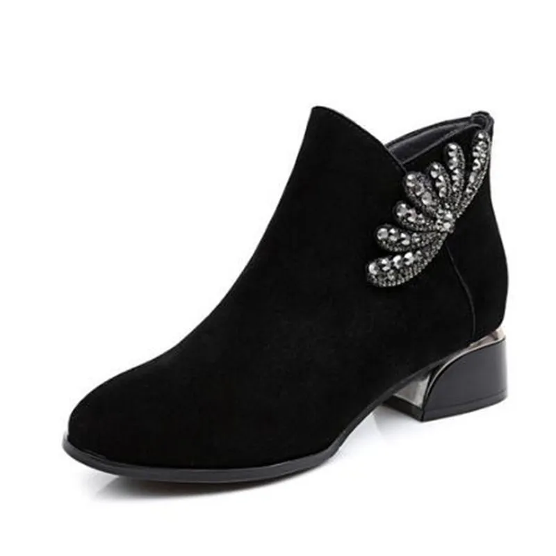 

Matte Cowhide Rhinestone Shoes Women Leather Boots Autumn Winter Boots Fashion Comfort Low-heel Martin Boots Winter Snow Boots