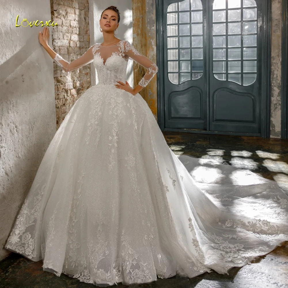

Loverxu Elegant Long Sleeve Lace Ball Gown Wedding Dresses 2023 Luxury Appliques Beaded Button Chapel Train Vintage Bridal Gowns