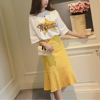 

2 Pcs/Set Women Letter Stars Printed O-Neck Half Sleeve T Shirt+Flounced Skirt Women Casual Clothing Suits