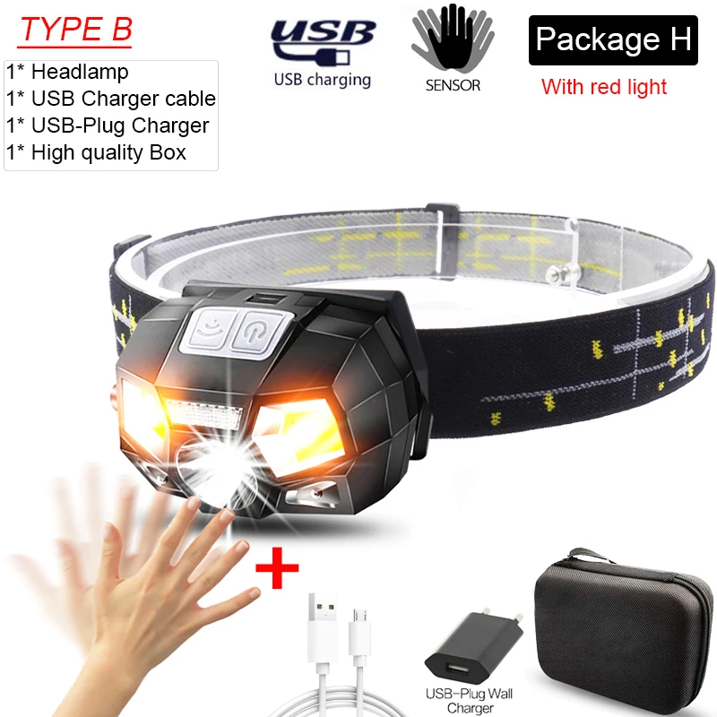 Package H Ультра яркий светодиодный налобный светильник с зарядкой от USB 5000лм красный/белый светильник налобный светильник водонепроницаемый налобный фонарь налобный передний светильник - Испускаемый цвет: Package H