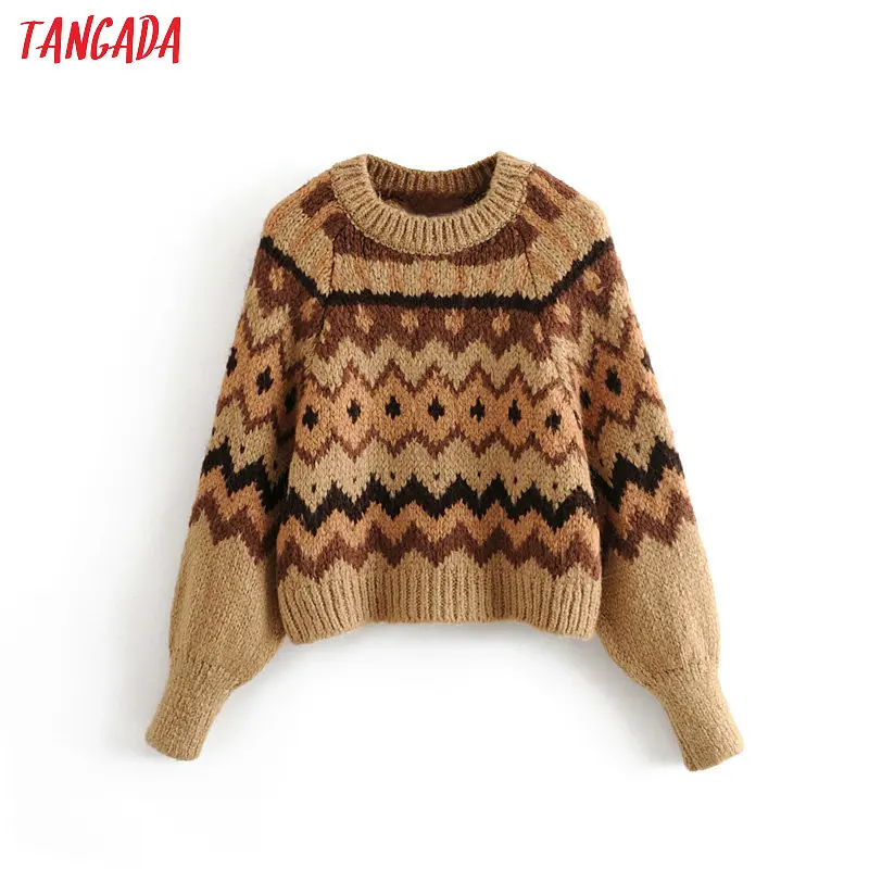 Tangada женский винтажный джемпер с геометрическим узором зимний теплый женский свитер с длинным рукавом вязаная одежда 3h191