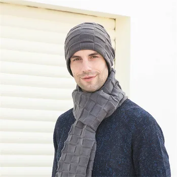 

Winter Men Hat Scarf Set 2 Pieces Outdoor Knitted Hat Long Scarf Set Warm Plus Plush Lining Thick Men Ski Hat Scarf Set