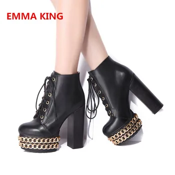 

Black Chain Decorated Sexy Women Platform Ankle Boots 2019 Fashion Brand Design Lace-Up Chunky High Heels Leather Short Boots