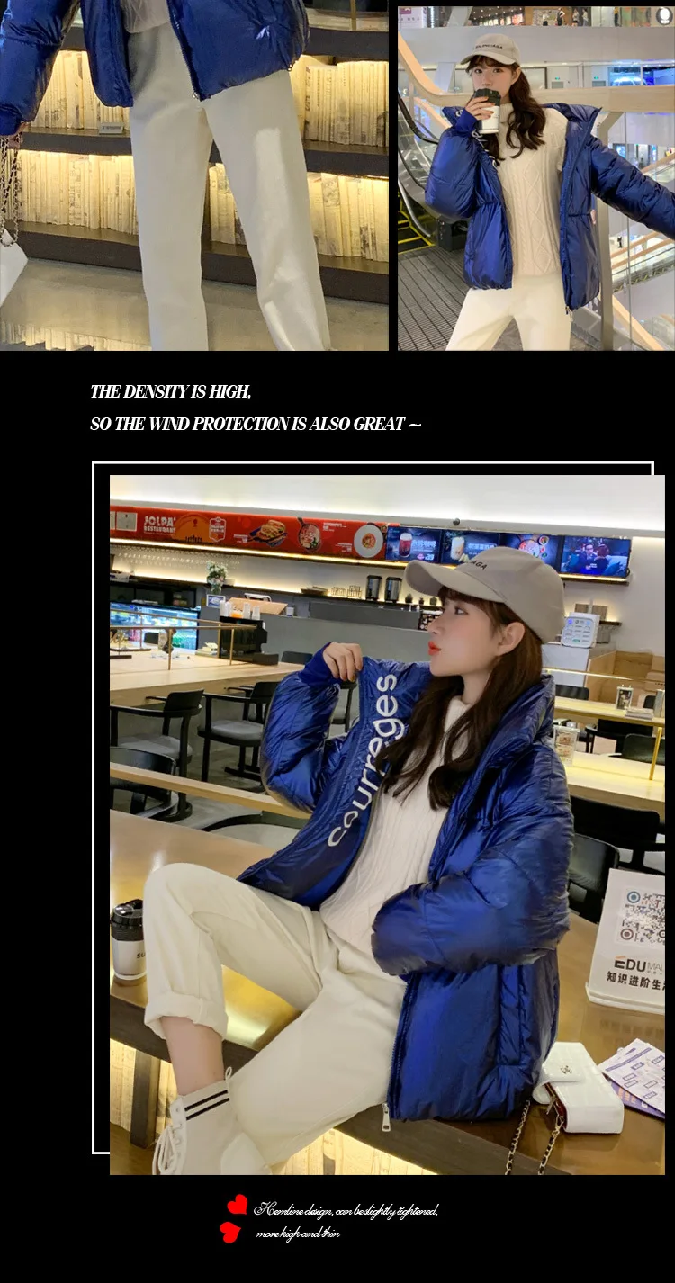 Diwish Stand Collar Zipper Winter Women Loose Cotton Coat Casual Female Bread Bright Short Parkas Thick Warm Snow Outwear
