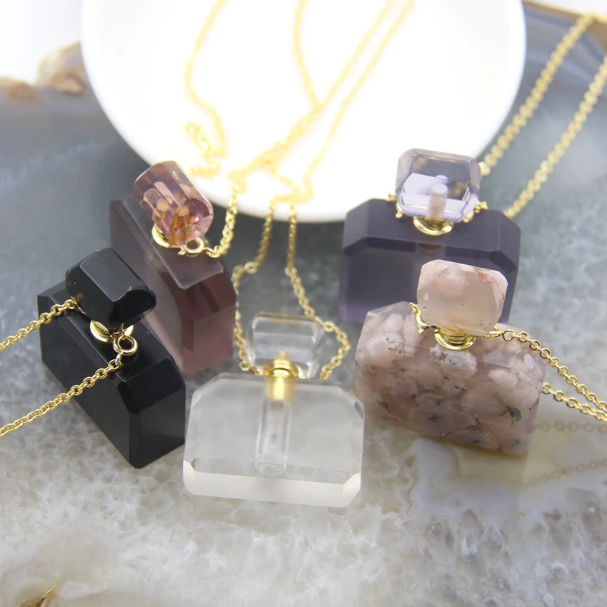 Classic Natural Large Slab Quartz Crystal Perfume Bottle Pendants,High Quality Healing Gemstone Essential Oil Bottle Necklace