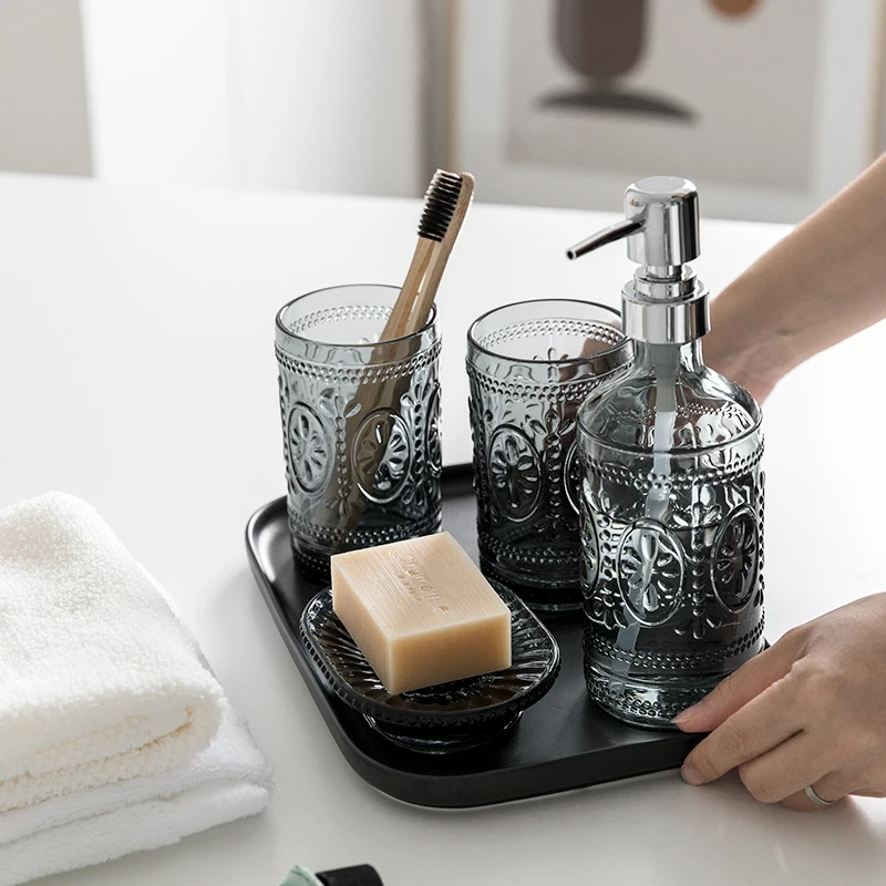 

Nordic Bathroom Brush Cup Glass Soap Bathroom Five-piece Presser Lotion Dispenser Container Bathroom Accessories Soap Box