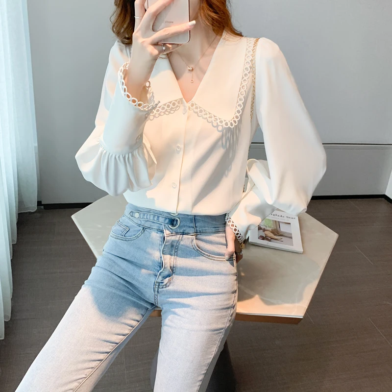 

2020 autumn Korean version of all-match shirt design sense white long-sleeved shirt French chiffon shirt top fashion temperament