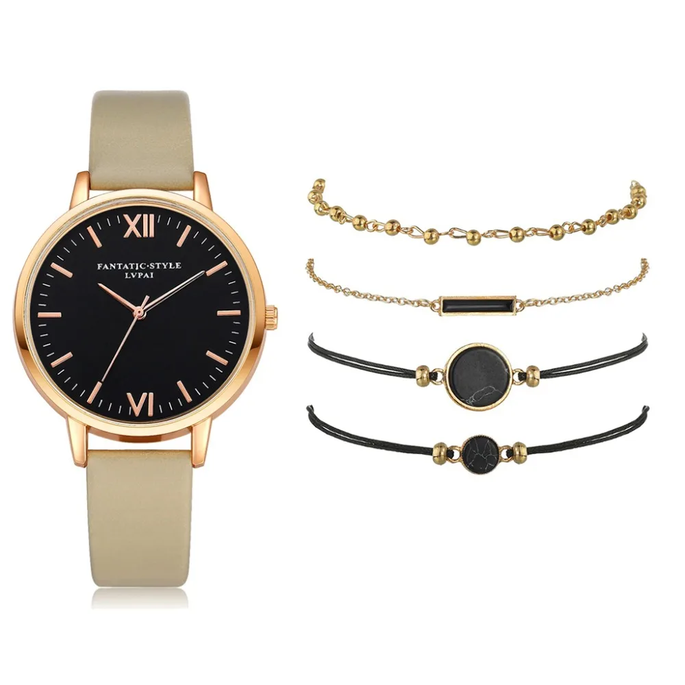 5pc/set Simple Style Leather Watches Women Fashion Watch Minimalist Ladies Casual Wrist Watch Female Quartz Clock Reloj Mujer