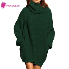Женские зимние свитера, свободные, большие размеры, водолазка, шерсть, длинный пуловер, свитер, платье с карманами, однотонные топы, мешковатые весенние свитера
