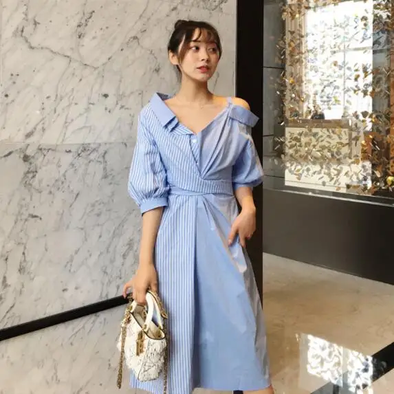 Women Striped Belt Asymmetric Bow Patchwork Drersses New High Street Off Shoulder Design Female Shirt Dress Vestidos DV574