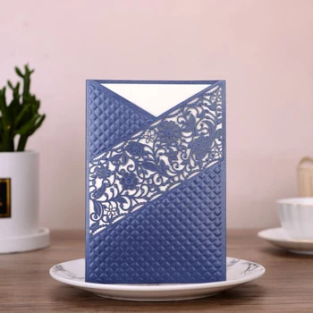 

(10 pieces/lot) Embossing Navy Blue Muslim Wedding Invitation Card Gold Foil Laser Cut Business Birthday Invitation Card CX919