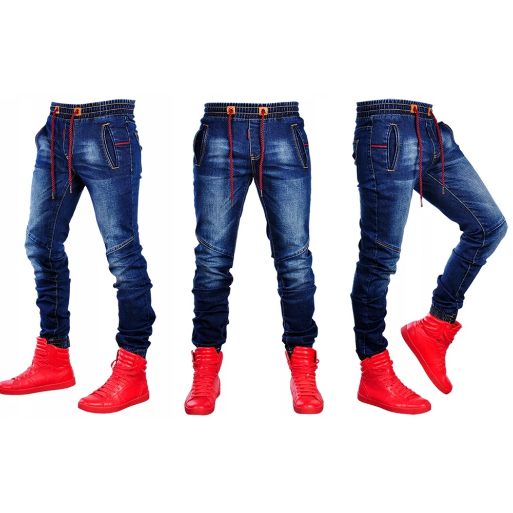 

2020 Men's Pure Color Stretchy Skinny Biker Jeans Slim Fit Denim Pencil Pants Mens Elastic Waist Lace-Up Denim Trousers