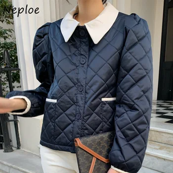 Neploe Chic Temperament Plaid Design Female Parkas Contrast Color Turn Down Collar Loose Warm Jacket Double Pockets Cotton Coat 1