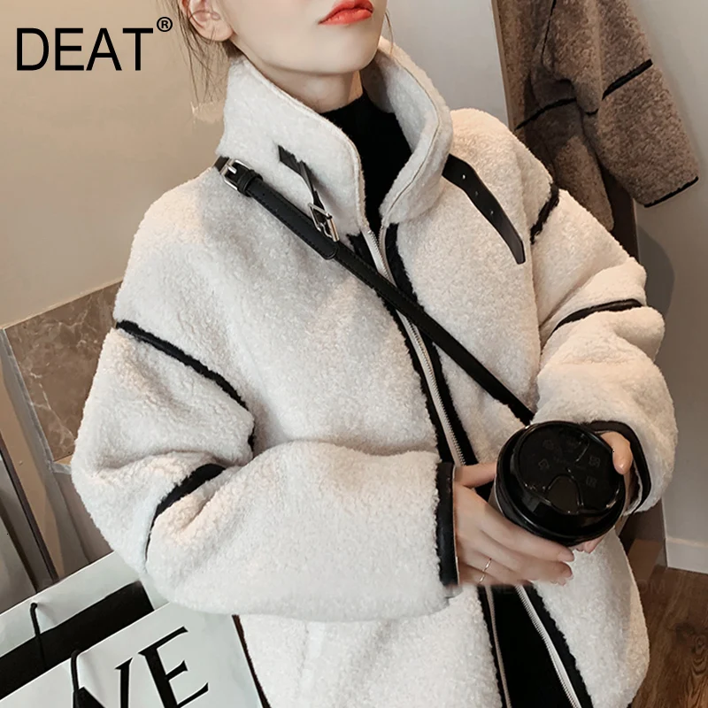 [DEAT] зимнее корейское модное женское пальто из овечьей шерсти с длинным рукавом и стоячим воротником, в полоску, на молнии, свободная одежда AQ251