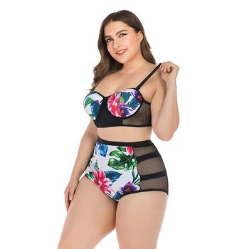 

Women Tankini Fashion Floral Patchwork Strappy High Waist Mesh Swimwear Bikini Top Bottom Lady Plus Size 4XL Beach Swimming Suit