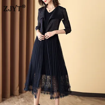 

2020 New Europe Fashion Women Spring Summer Dress Elegant Hollow Out Lace Patchwork Mid Calf Sexy Dress Party Vestidos