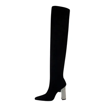 

Women Winter Boots Black Slim Plush Long Boots Suede High Heel Over The Knee Boots Metal Chunky Heels Women 2020