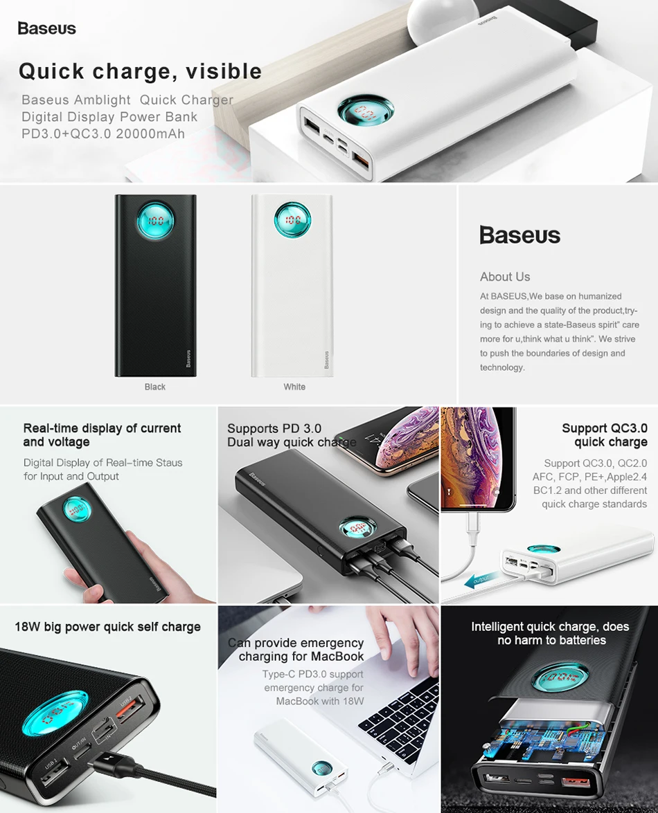 Baseus 20000mAh power Bank 18W PD3.0+ QC3.0 быстрое зарядное устройство для Xiaomi huawei iPhone X портативное зарядное устройство для путешествий